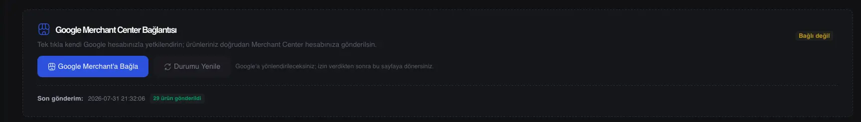 Google Merchant Center için Google ile Bağlan ekranı